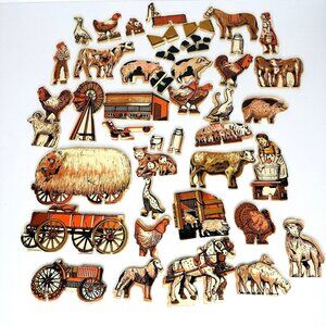 VTG Wooden Farm Farmers Animals European Style Folk Art Double Sided 38 Pieces